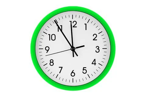Green watch, wall clock 11 hours 45 minutes on isolated or white background 库存照片