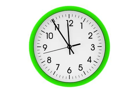 Green watch, wall clock 11 hours 45 minutes on isolated or white background 库存照片