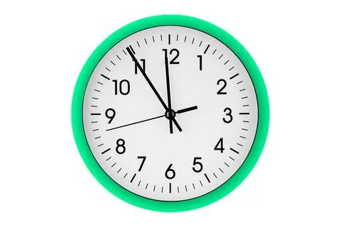 Green watch, wall clock 11 hours 45 minutes on isolated or white background Stock Photos
