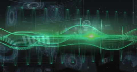 Green waveforms and digital data processing image over futuristic interface Stock Illustration