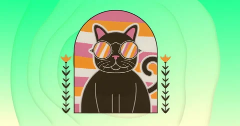 Green waves pulsing around arch with cat sporting sunglasses, 3D shape emerging Stock Footage 315541707