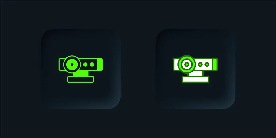 Green Web camera icon isolated on black background. Chat camera. Webcam ico.. 스톡 일러스트