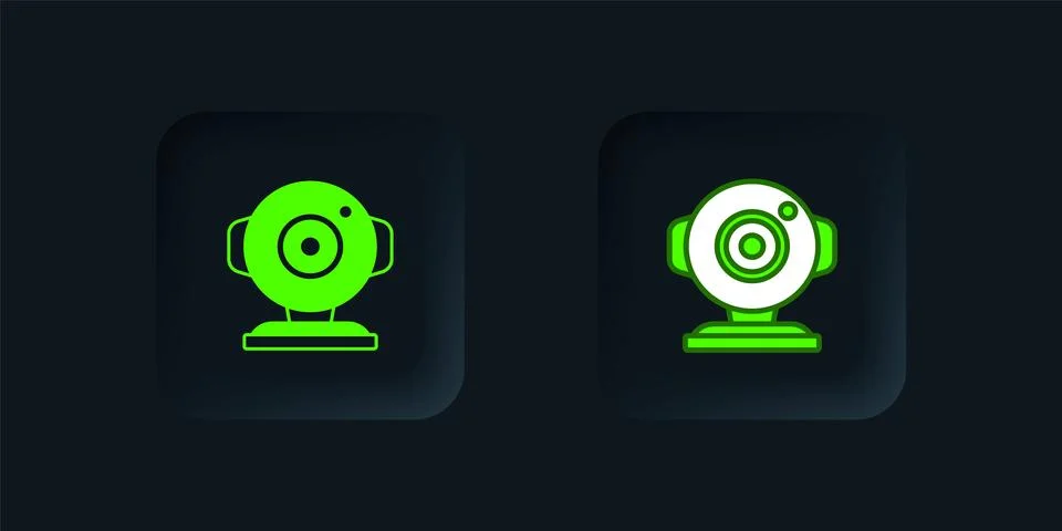 Green Web camera icon isolated on black background. Chat camera. Webcam ico.. 库存插图