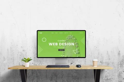 Green web design concept page displayed on computer screen Stock Photos