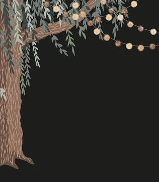 Green weeping willow tree and thread ball garlands vertical corner frame isol Stock Illustration