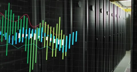 Green, white and blue graph processing data over dark computer server room Stock Footage 329693872