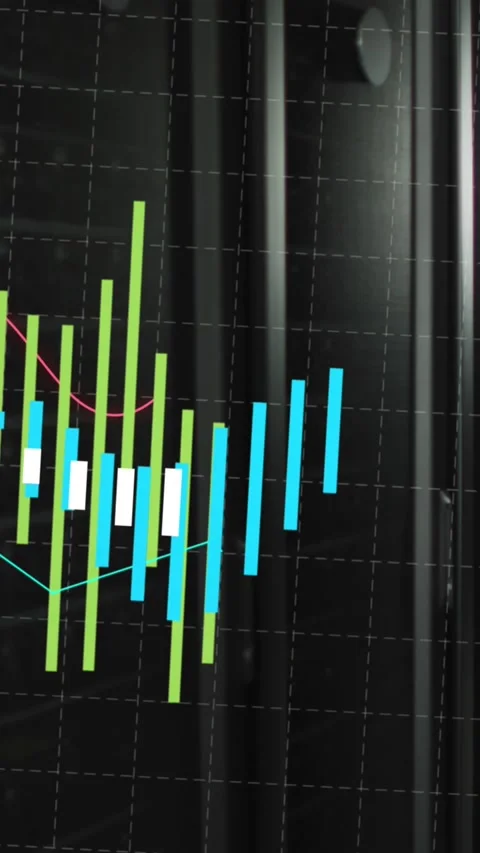 Green, white and blue graph processing data over dark computer server room Stock Footage 342612929