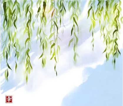 Green willow tree on blue sky background. Traditional Japanese ink wash paint Stock Illustration