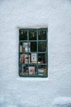 Green window with books display Stock Photos