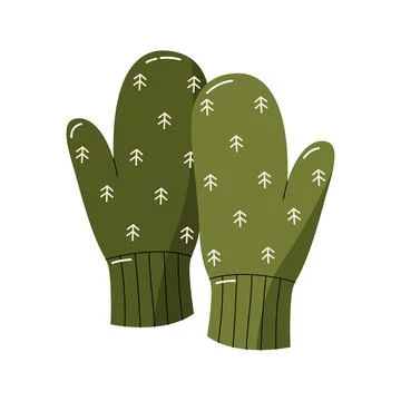 Green winter mittens with pine tree print vector cozy nature theme hand warme Stock Illustration