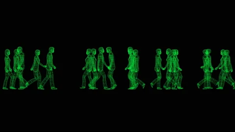 Green wire people Binary code crowd man and woman walk on black back Stock Footage 164198102