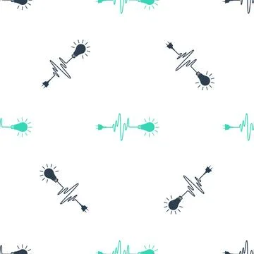 Green Wire plug and light bulb icon isolated seamless pattern on white Stock Illustration