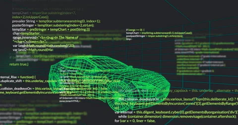 Green wireframe 3D car model hovering over scrolling code grid in digital 3D Stock Footage 307452892