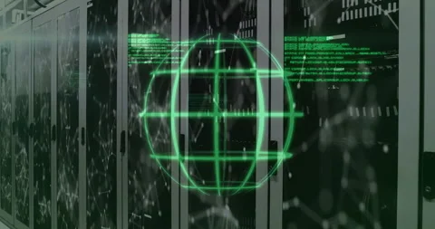 Green wireframe globe floating above server racks, highlighting network Stock Footage 309283299