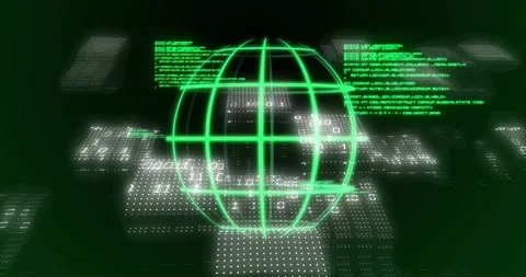 Green wireframe globe rotating as code blocks sliding in overlaying HUD, Stock Footage 329454991