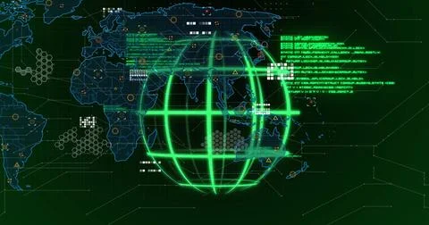 Green wireframe globe spinning on world map interface with code blocks, hex 库存插图