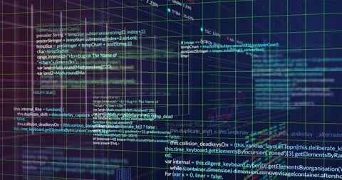 Green wireframe grid panning while camera sweep triggers code panels sliding, Stock Footage 329909137