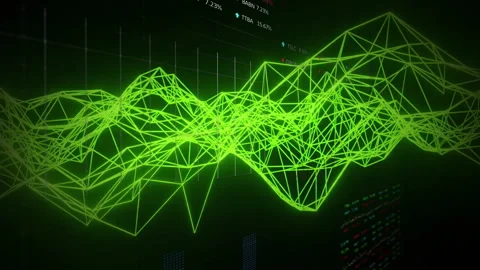 Green wireframe mesh emerging on dark field, pointer sweeping peaks highlighting 스톡 동영상 312770813