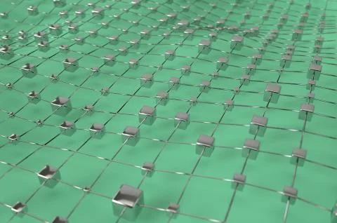 Green wireframe metallic cubes mesh with ball wave landscape abstract background Stock Illustration