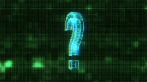 Green wireframe question sign spin on glitch interference display animation Stock Footage 95074041
