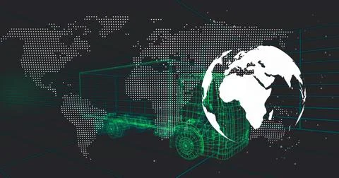 Green wireframe semi-truck moving in virtual neon grid space, with dotted world Stock Illustration