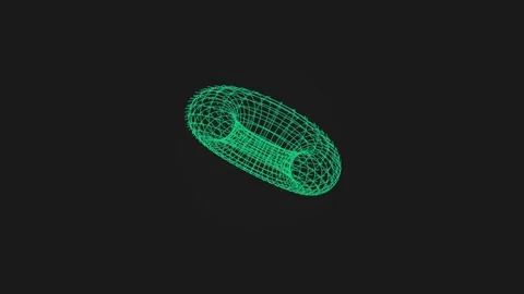 Green wireframe torus rotating smoothly in dark digital space representing .. Video stock 342549375