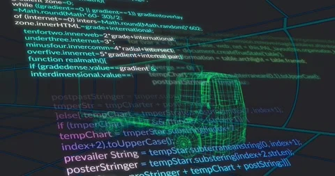 Green wireframe truck model floating on blue grid floor, displaying teal and Stock Footage 329706099