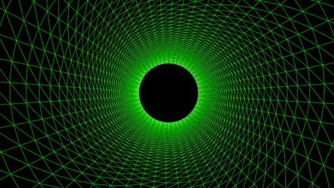 Green wireframe tunnel, Abstract wireframe funnel. Abstract dynamic wormhol.. Ilustração Stock