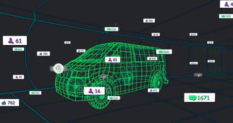 Green wireframe van appearing then hosting panels floating counts rising fading Stock Footage 312845111