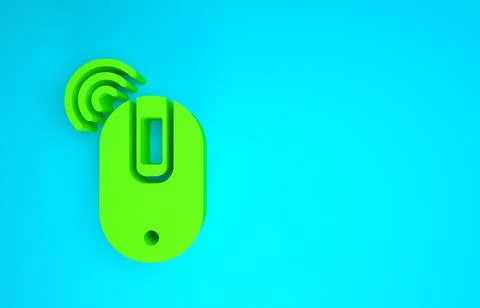 Green Wireless computer mouse icon isolated on blue background. Optical with  Illustrazione stock