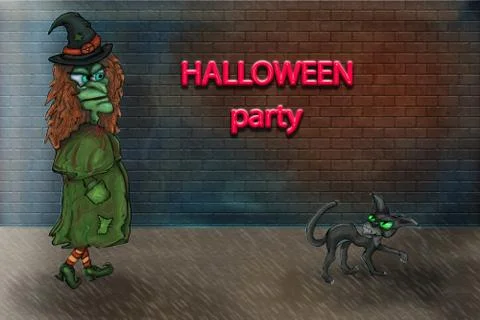 Green Witch with black cat is going to party. Bricks wall on the background. Stock Illustration