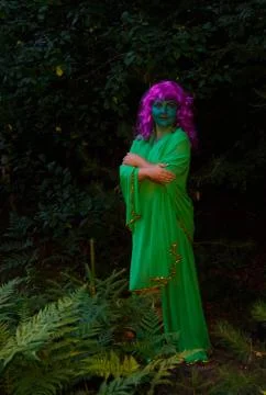 A green witch in the forest at dusk. Stock Photos