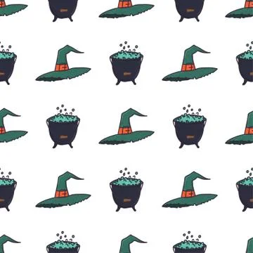 Green witch hat and cauldron seamless pattern Stock Illustration