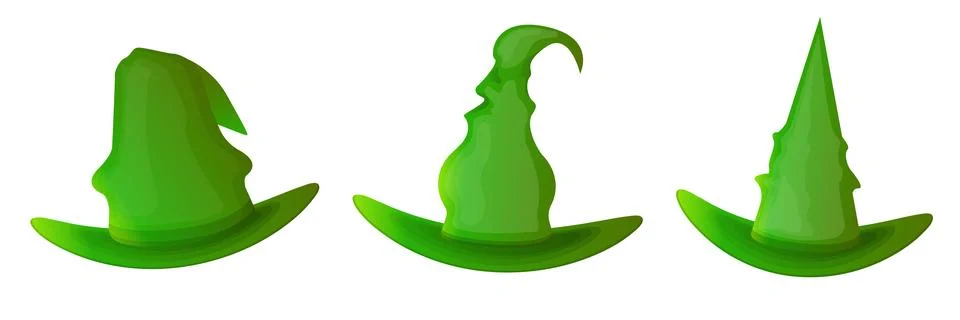 Green witch hat vector set illustration. Isolated 3D glossy magic wizard caps Illustrazione stock