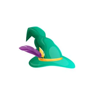 Green witch or wizard hat with feather cartoon cap Stock Illustration