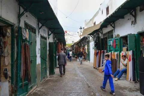 Green wooden doors of the old stores in Tetouan Medina Stock Photos