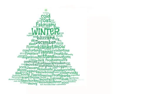 Green word cloud on white, shape of a fir tree, concept for cold weather, xmas Stock Illustration
