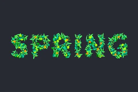 Green word spring from leaves. Vector illustration Stock Illustration