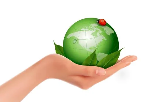 Green world and leaf have love bug in woman hand. vector illustration. Stock Illustration