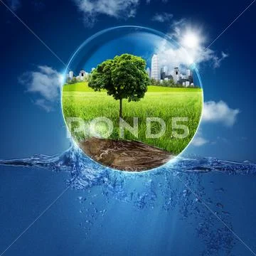 Green world into the bubble. abstract natural backgrounds for your design Stock Photos