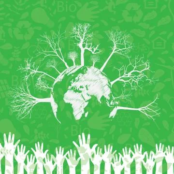 Green world concept. tree on the earth in hands Stock Illustration