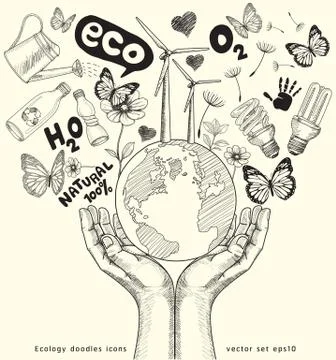 Green world concept. Tree on the earth in hands . Ecology doodles icons vecto Stock-Illustration