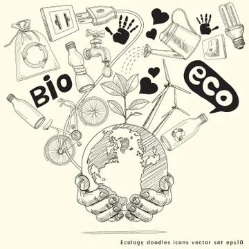Green world concept. Tree on the earth in hands . Ecology doodles icons vecto Stock Illustration