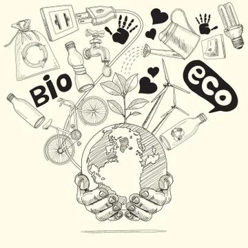 Green world concept. Tree on the earth in hands. Stock Illustration