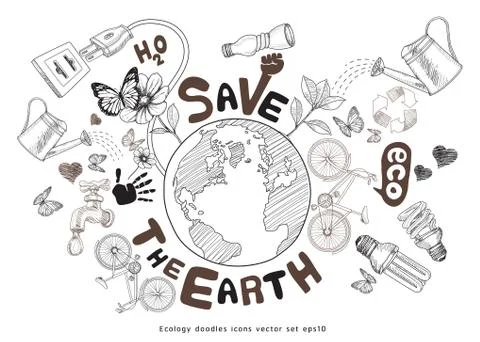Green world drawing concept. Save the earth. Ecology doodles icons vector set Stock Illustration