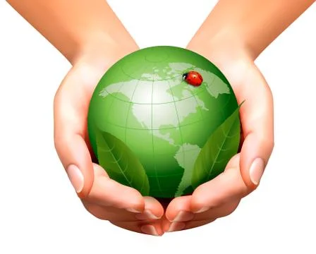Green world with leaf and ladybug in woman hands. vector illustration. Illustrazione stock