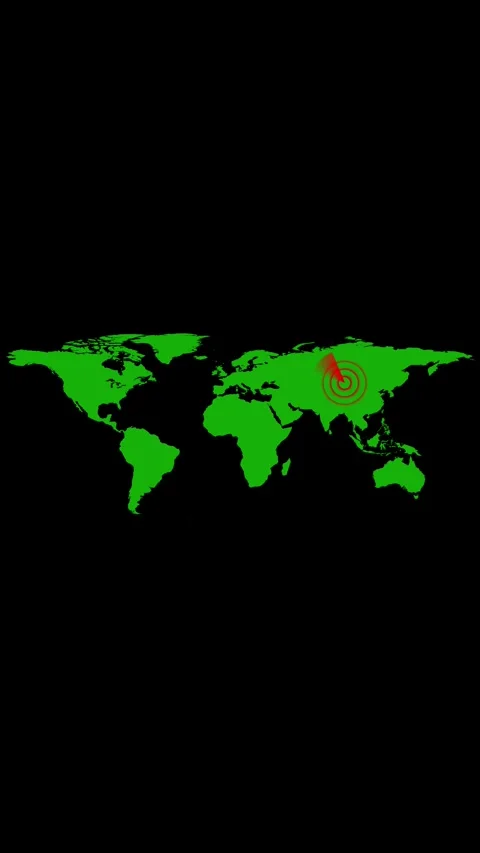 Green world map on black background with a red target marker over Asia, sho.. Stock Footage 345968747