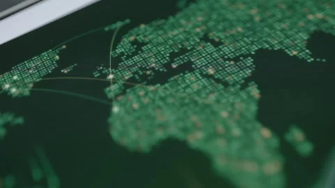 Green world map interface displays illuminated regions and fine connection Stock Footage 342487409