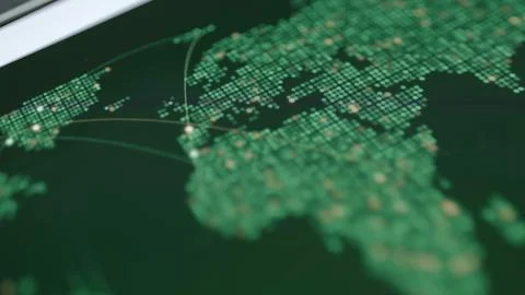 Green world map interface displays illuminated regions and fine connection Stock Photos
