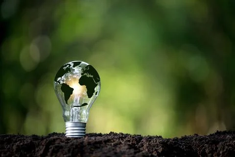 Green world map on light bulb that represents green energy Renewable energy.. Stock Photos